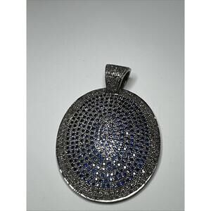 Vintage Sterling Silver Poke Cut Diamond Blue Sapphire Pavé Pendant 26g 2.25”